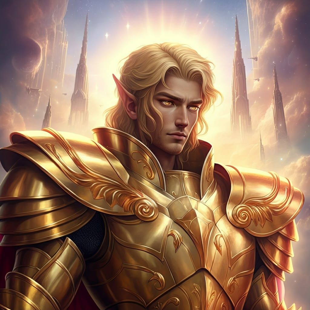Aasimar Knight in Heavenly City, Detailed Digital Art