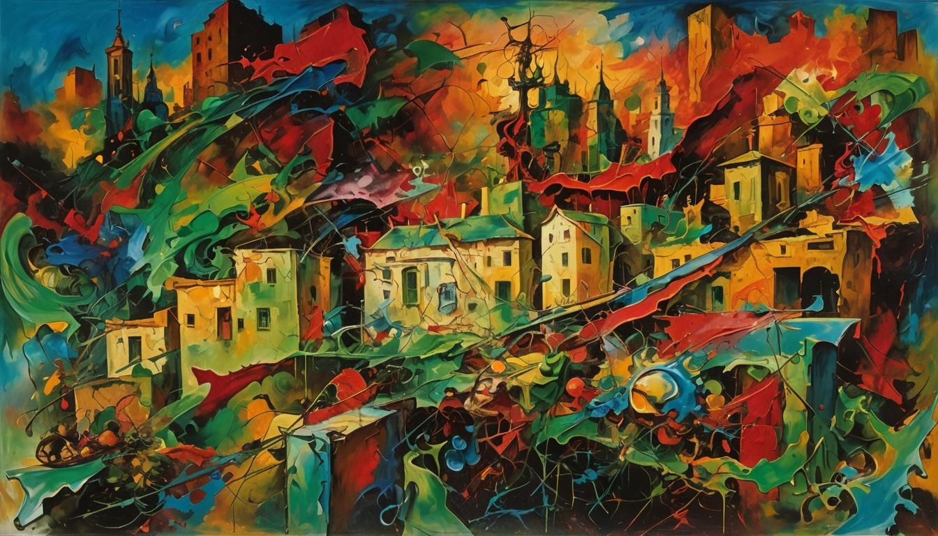 Abstract Cityscape in Surrealist Oil Painting Style