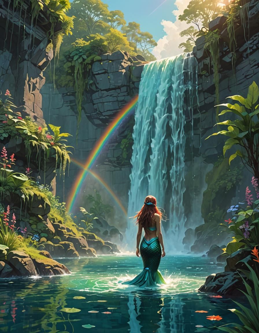 Mystical Mermaid at Waterfall in Digital Art Style
