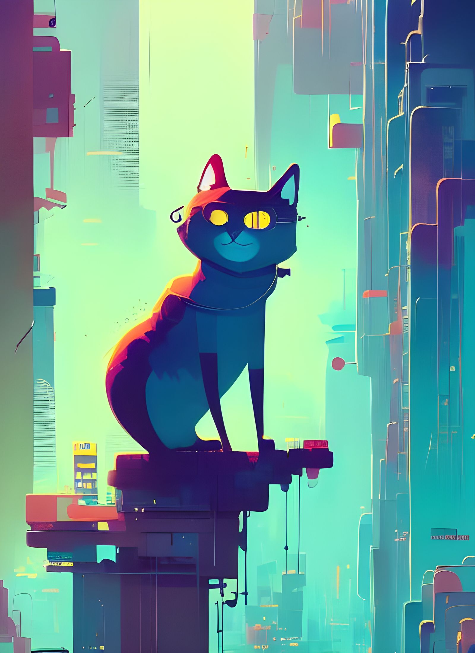 Anthropomorphic Cat in Cityscape, Composite Art Style