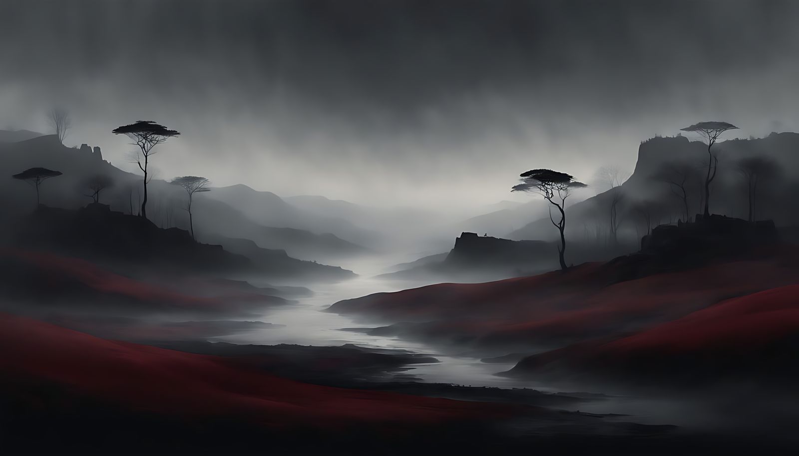 Surreal Black Landscape in Monotone Burgundy