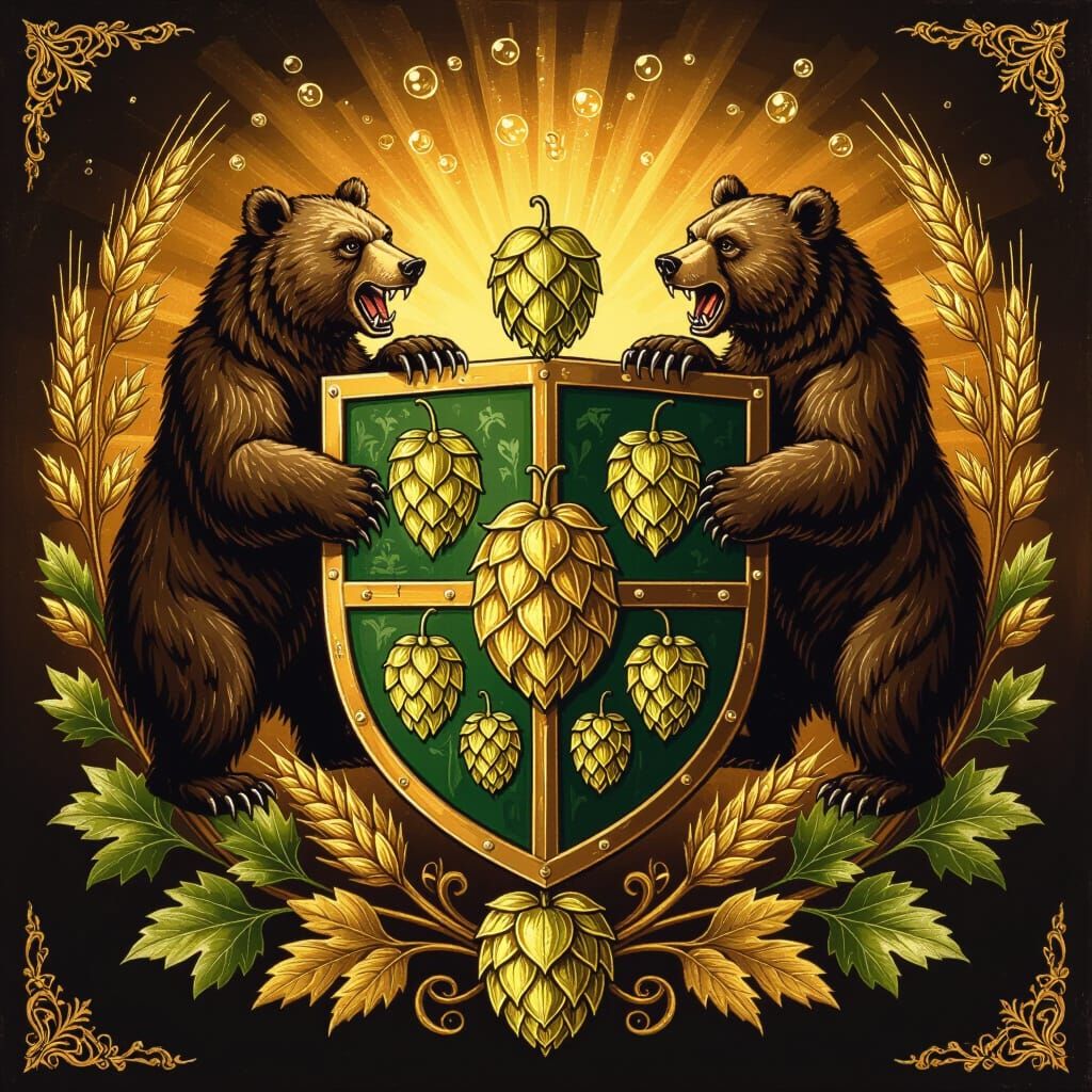 Heraldic Bear Family Crest with Hops and Amber Beer