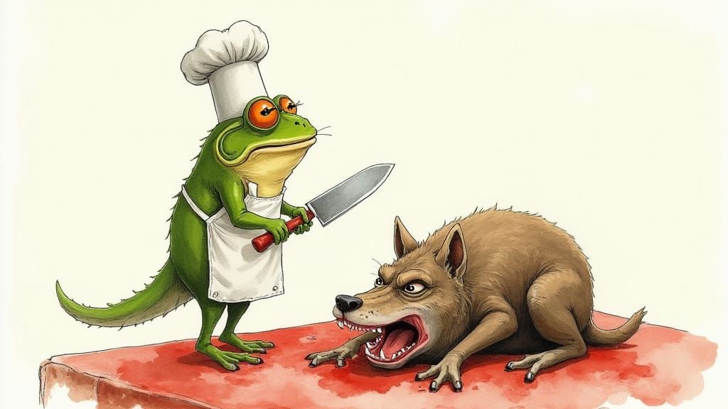 Whimsical Frog Chef About to Carve Wolf