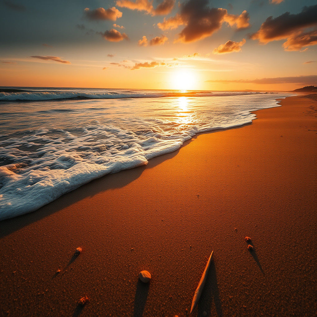 Hyperrealistic Sunset Beachscape in Golden Light