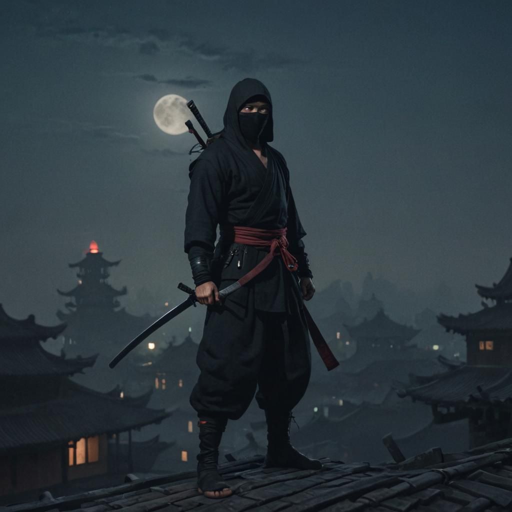 Ninja on Rooftop in Film Noir Style