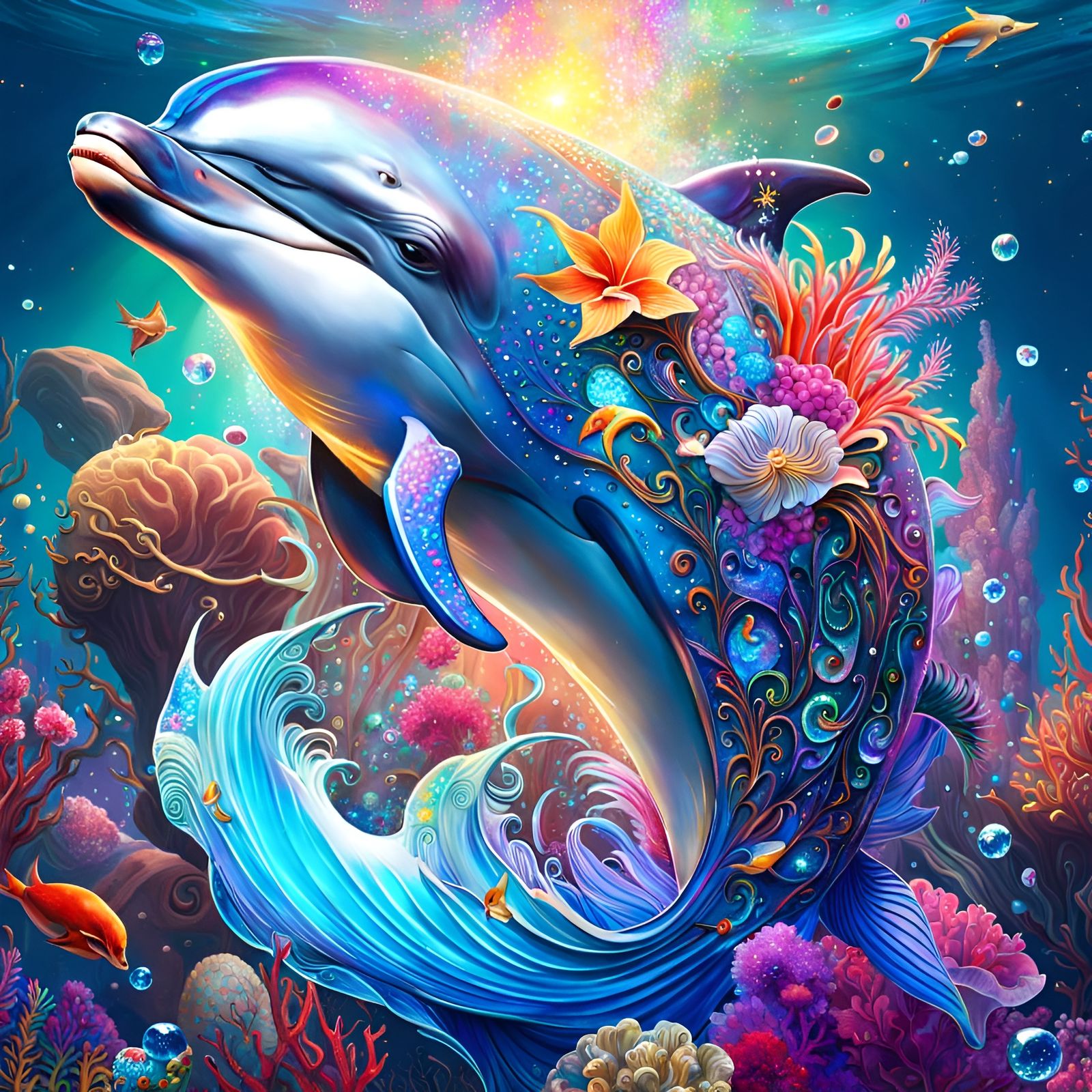 Crystalline Dolphin Leaping from Coral Waves