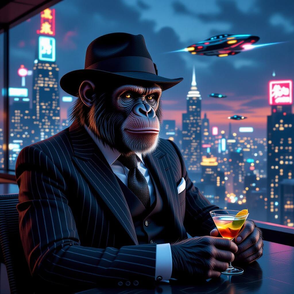Chimpanzee in Suit Sipping a Martini in Futuristic Cityscape