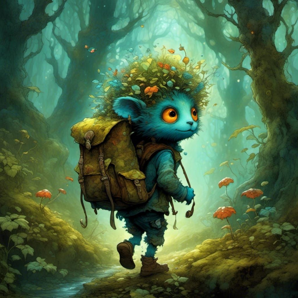 Cute Furry Sprite Waving in Whimsical Forest
