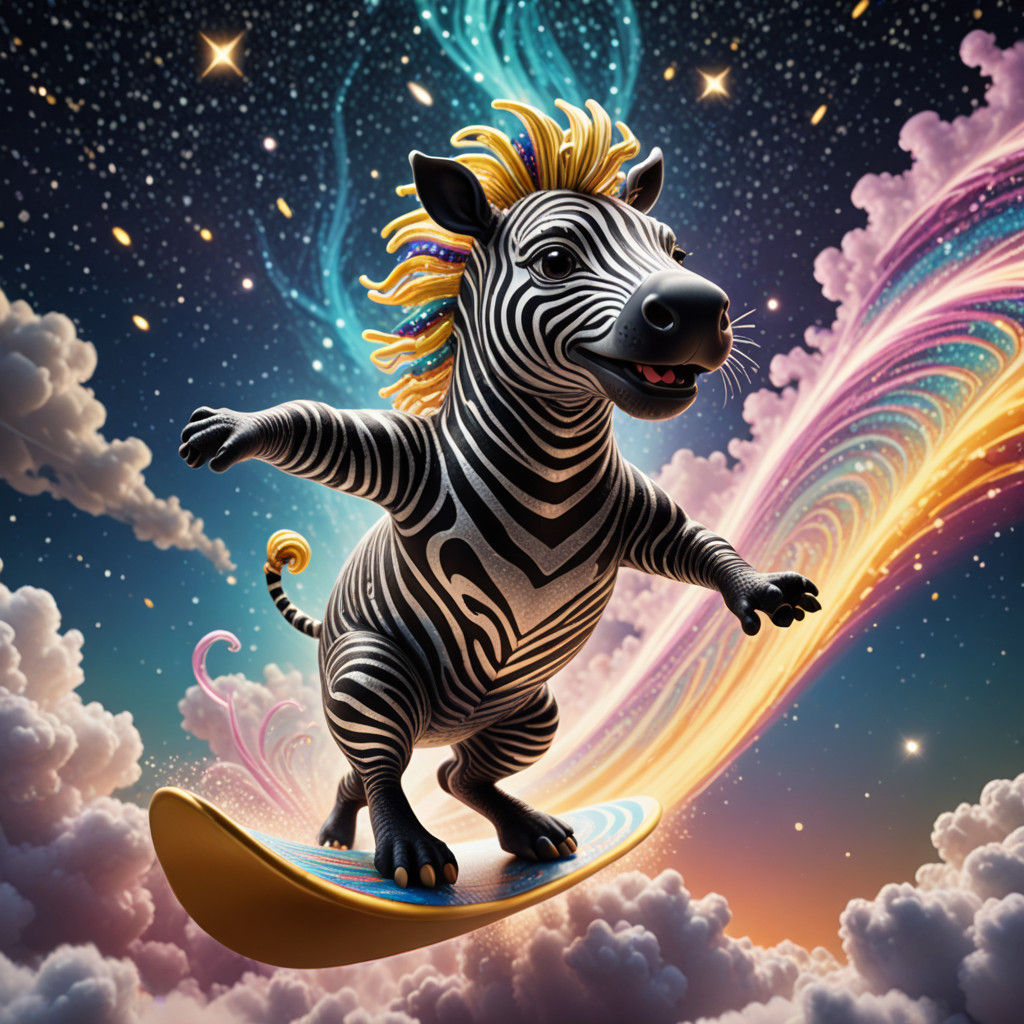 Cosmic Kawaii Zebra Surfer Riding Comet's Golden Tail