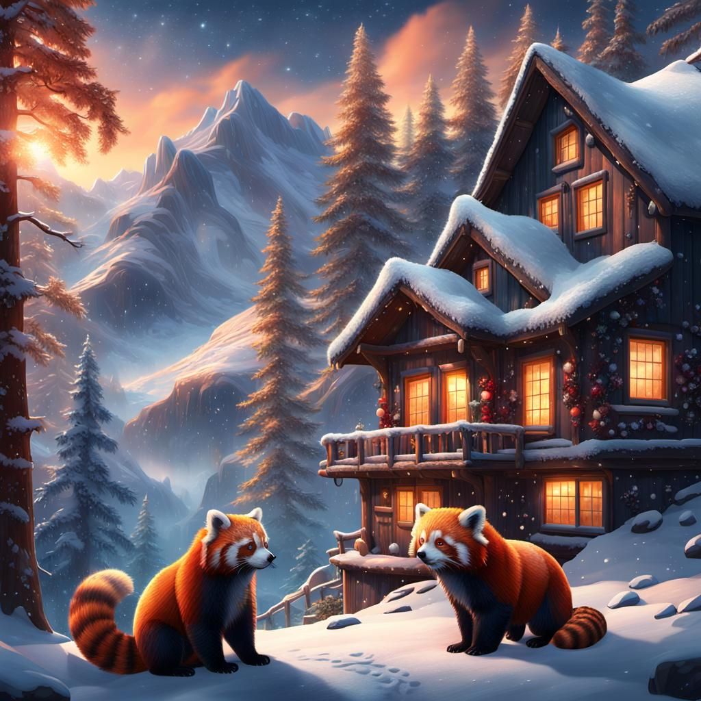 Red Pandas by Cabin in Snowy Mountain Scene