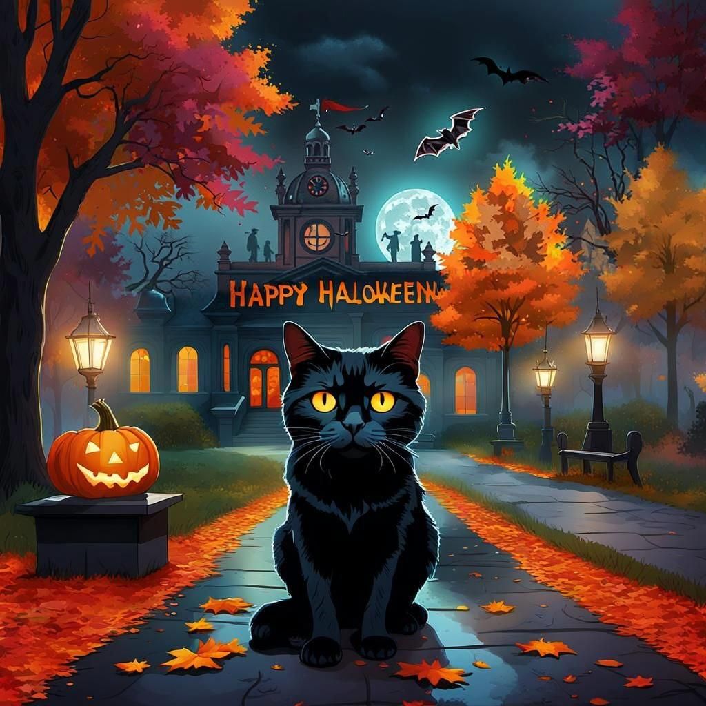 Happy Halloween Banner in Autumn Park, Pop Art