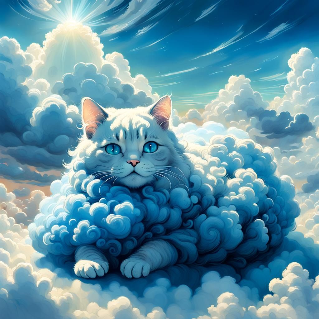 Cloud Cat in Sunbeam: Digital Fantasy Art