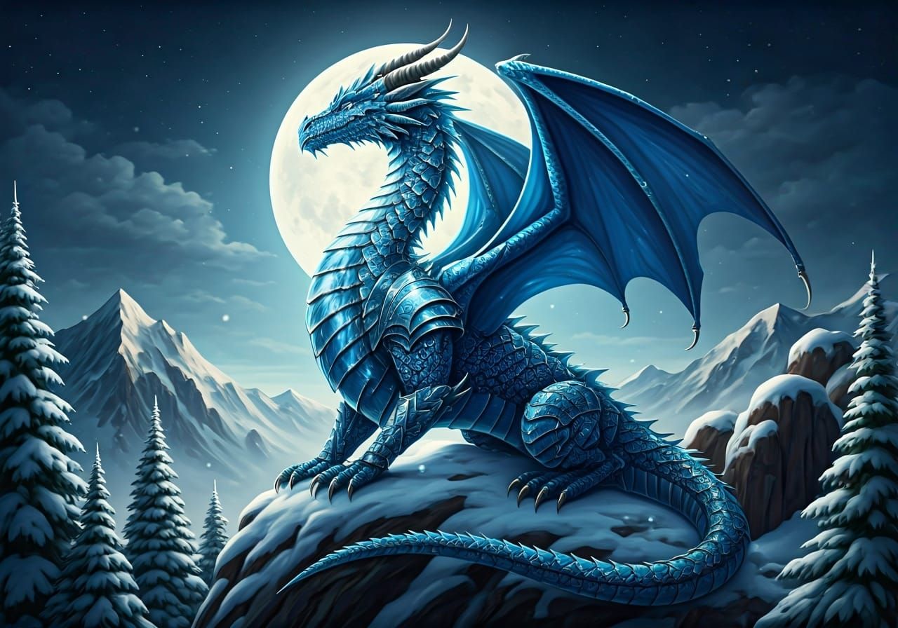 Sapphire Ice Dragon on Snowy Mountain Peak