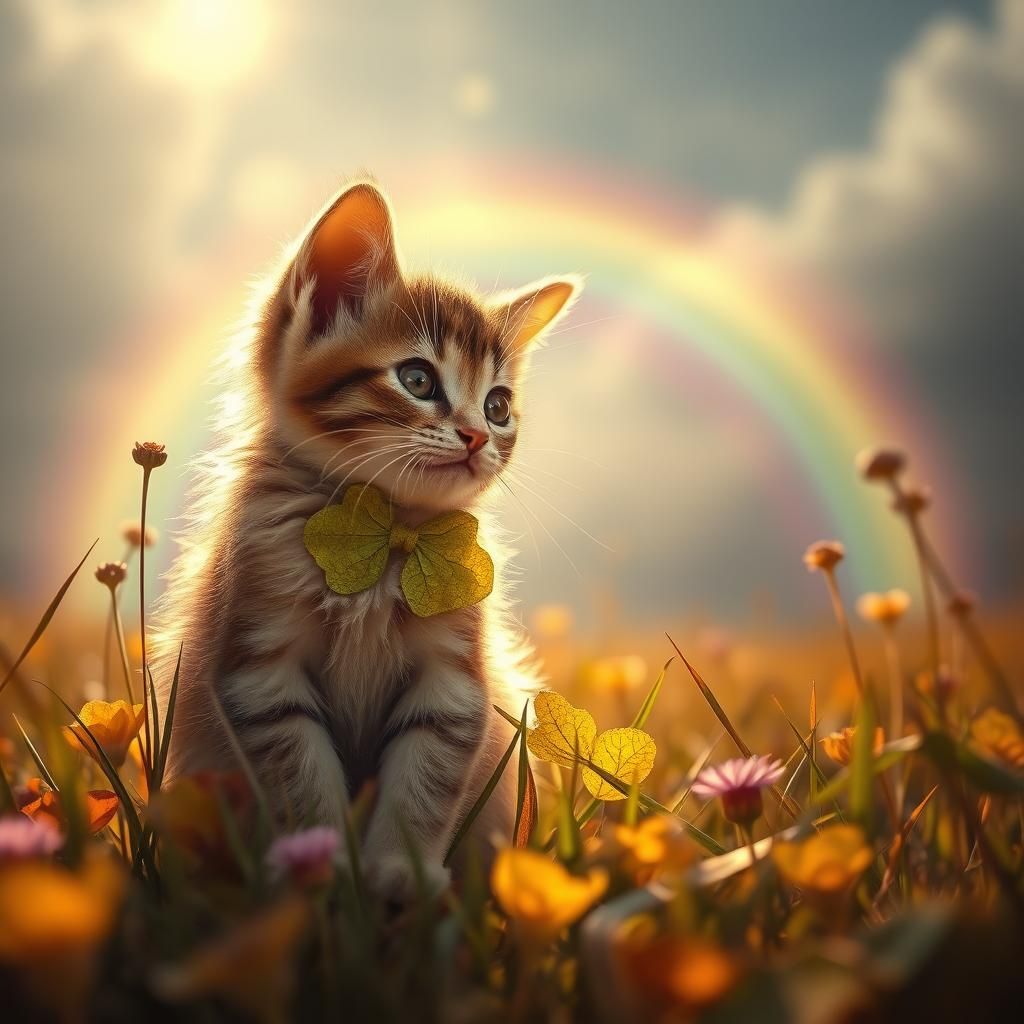 A lucky four leaves under a double rainbow kitten playing in...