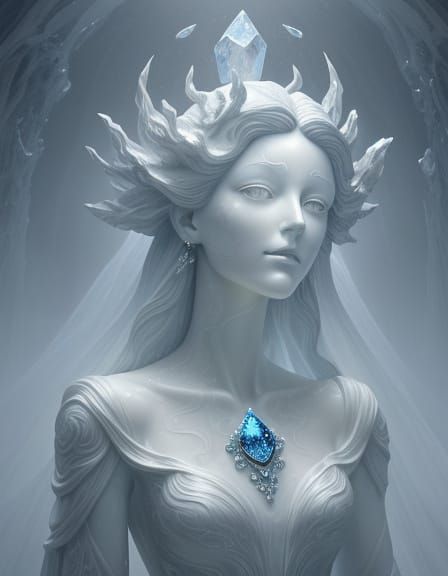 Ethereal Marble Statue with Swirling Mist and Crystal Rain