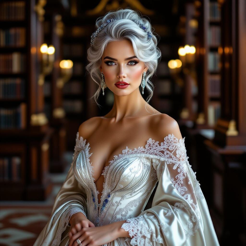 Statuesque Woman in Gothic Library, Art Nouveau Style