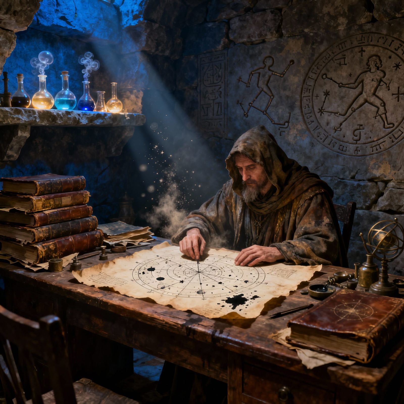 Alchemist Studies Celestial Chart in Ancient Chamber