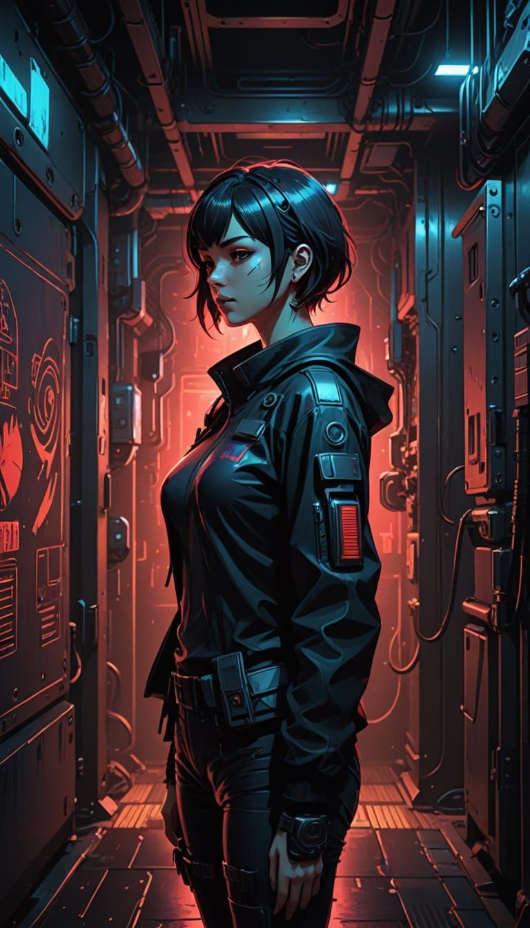 Cyberpunk Anime Vault Scene with Flickering Warning Lights