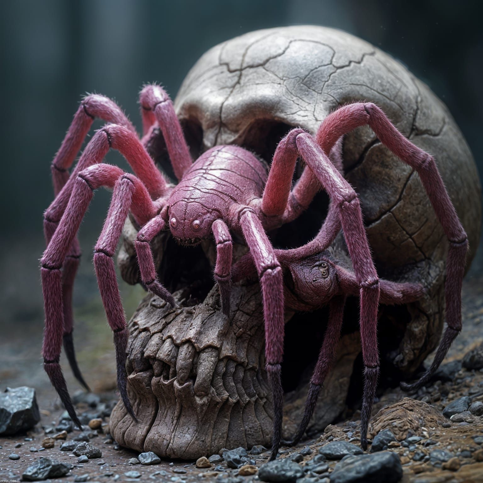 Pink Tarantula Crawling from Skull: Detailed Matte Painting