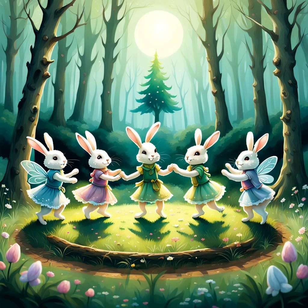Fairies Dancing in Forest Clearing with Bunnies