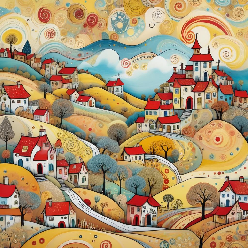 Whimsical Abstract Village Scene with Swirling Sky