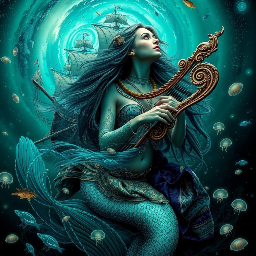 Mermaid Plays Harp in Emerald Galaxy