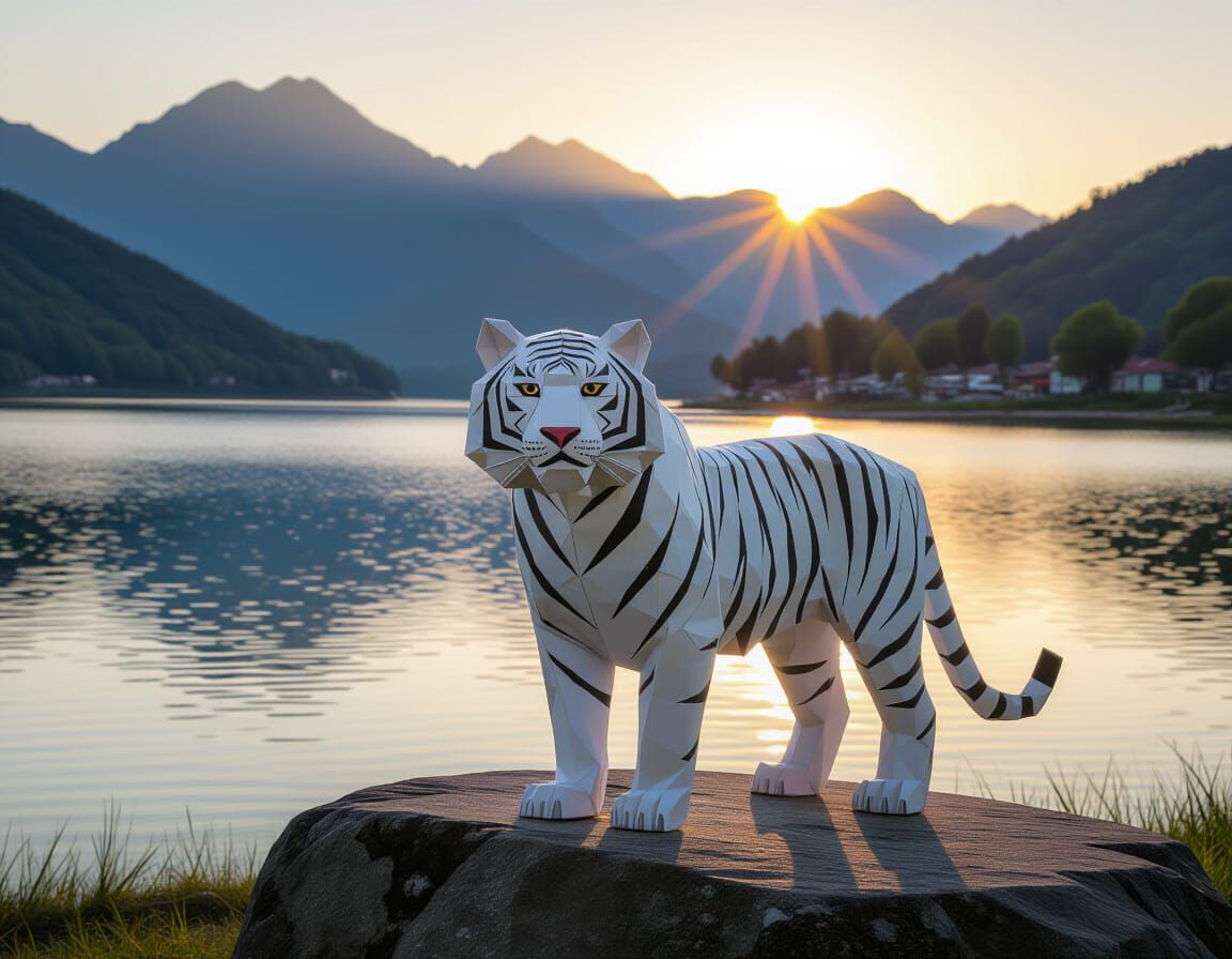 White Tiger Origami Papercraft Sunset