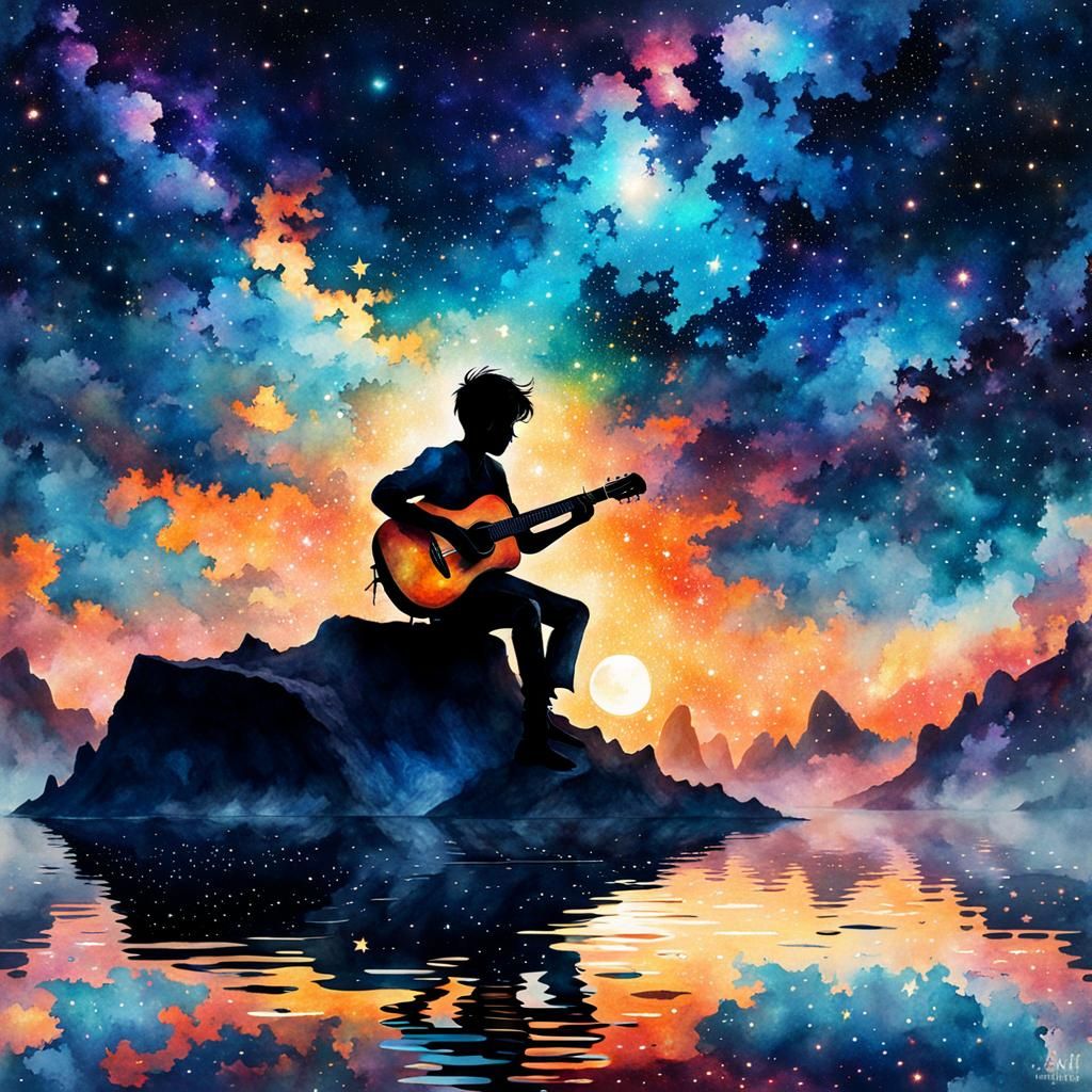 Boy's Stellar Titanic Guitar Serenade: Watercolor Art