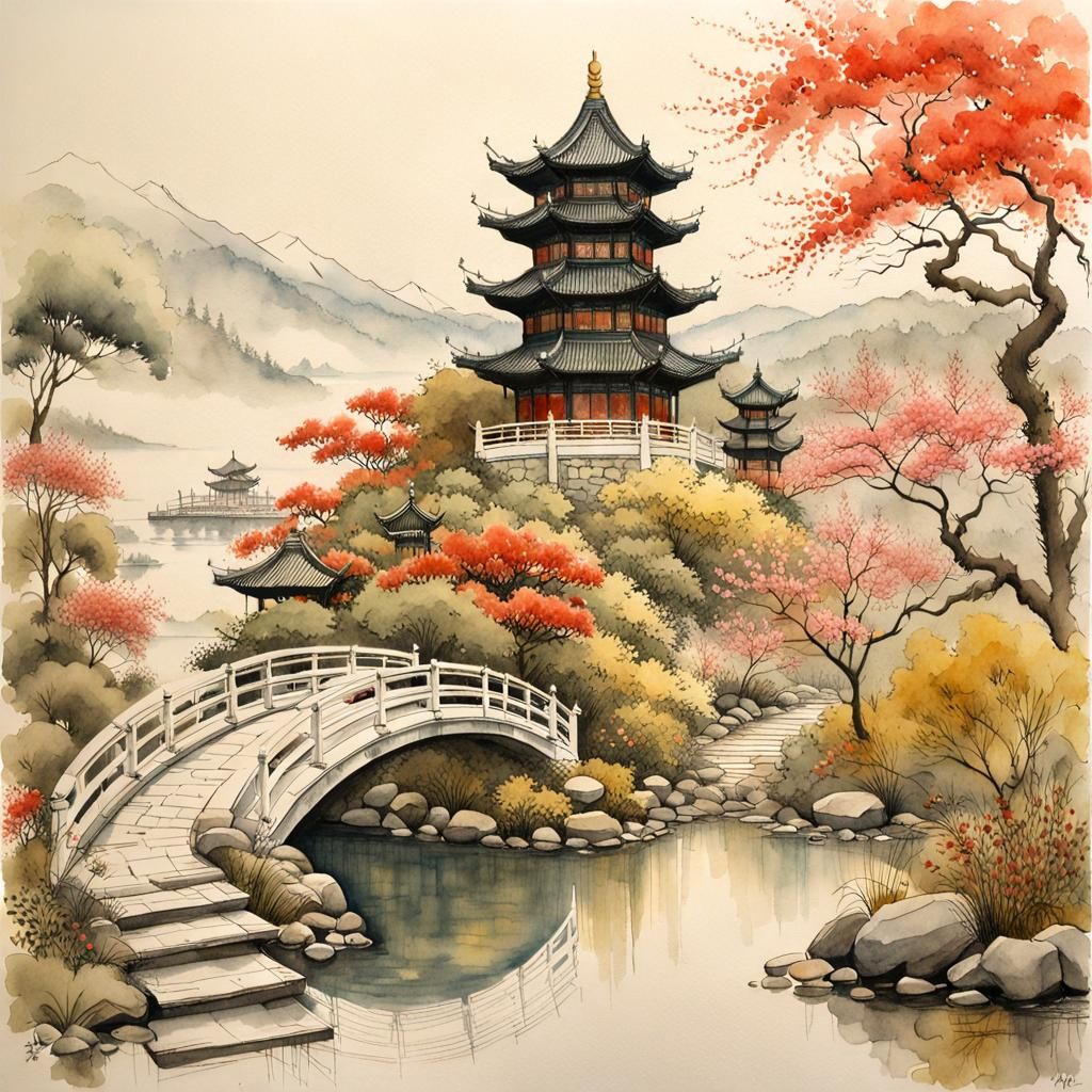 Elegant Chinese Landscape in Watercolor Style