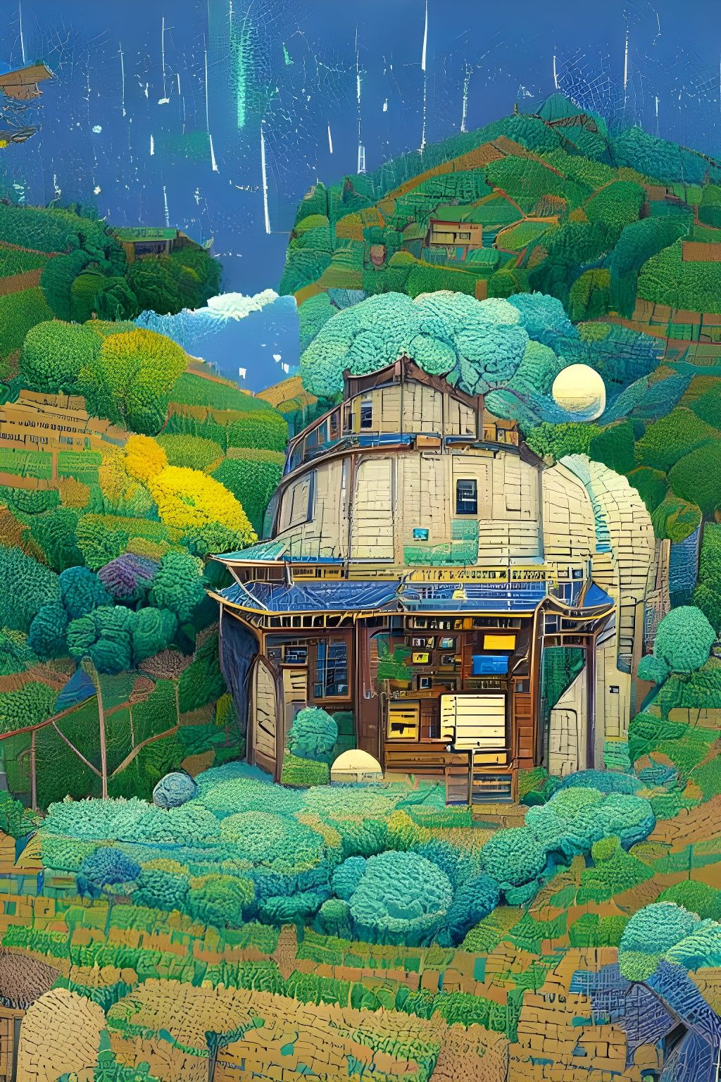 Celestial Cabin of Ancient Knowledge in Ghibli Style