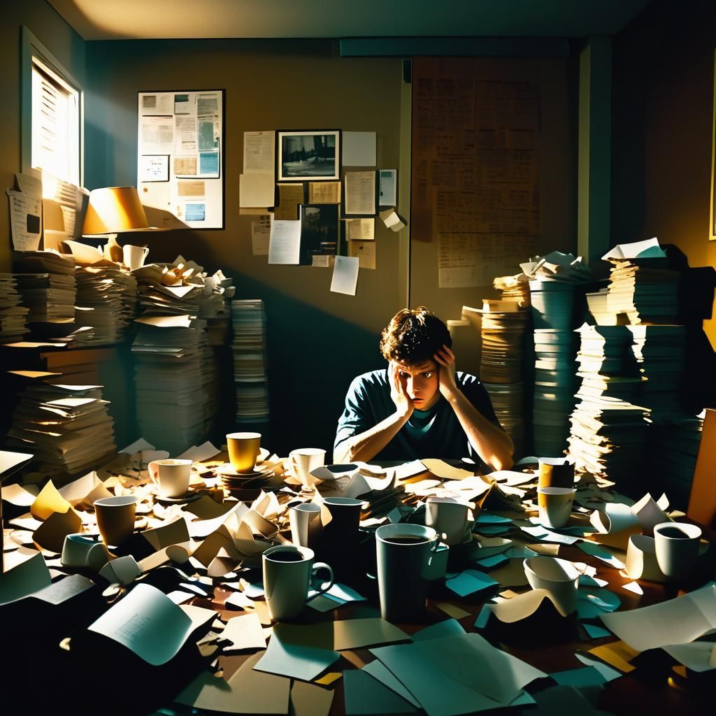 Overwhelmed Person in Dimly Lit Room: Cinematic Film Still