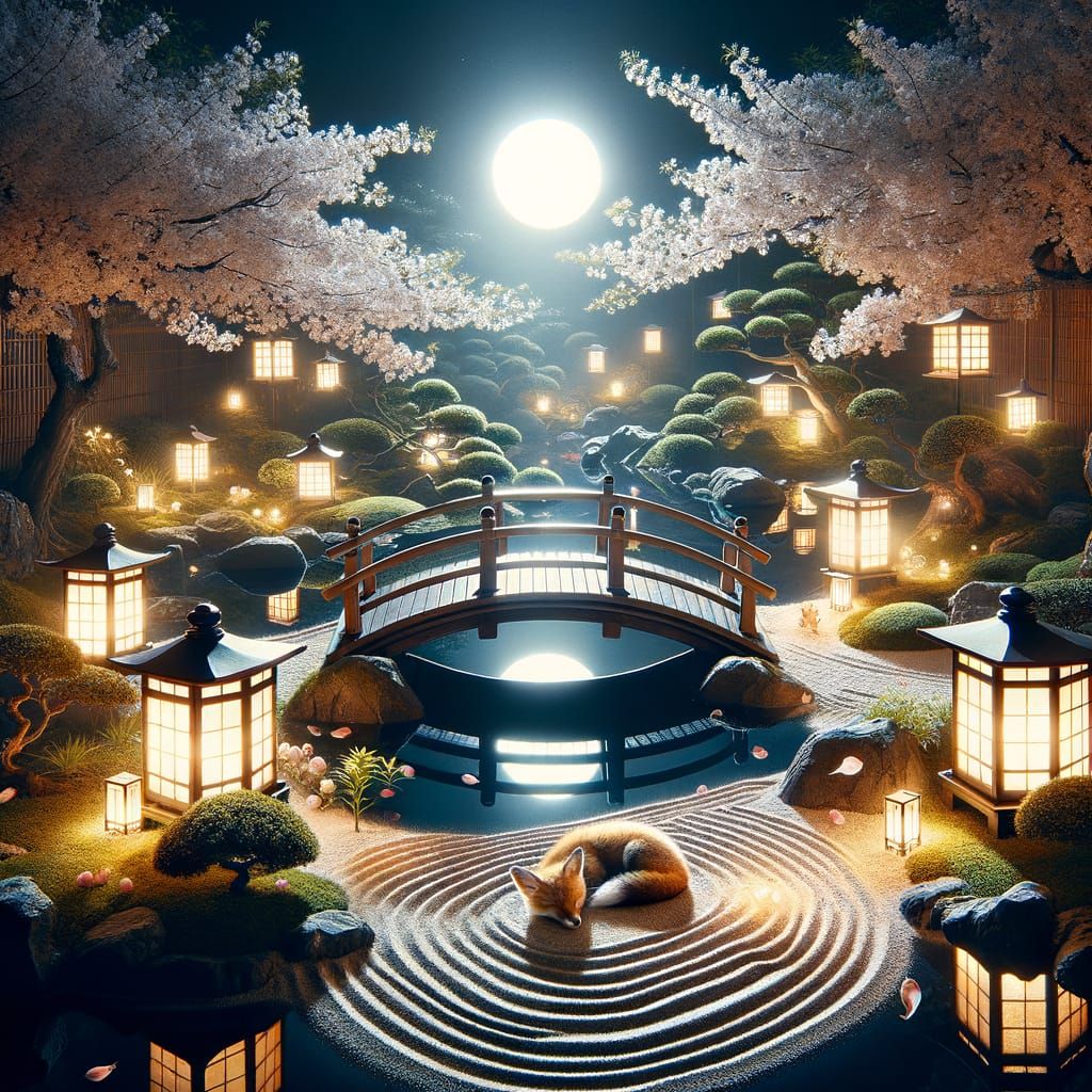 Tranquil Moonlit Zen Garden with Fox and Cherry Blossoms