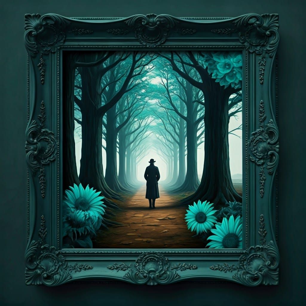 Ethereal Victorian Figure Emerges from Dream within Teal Bar...