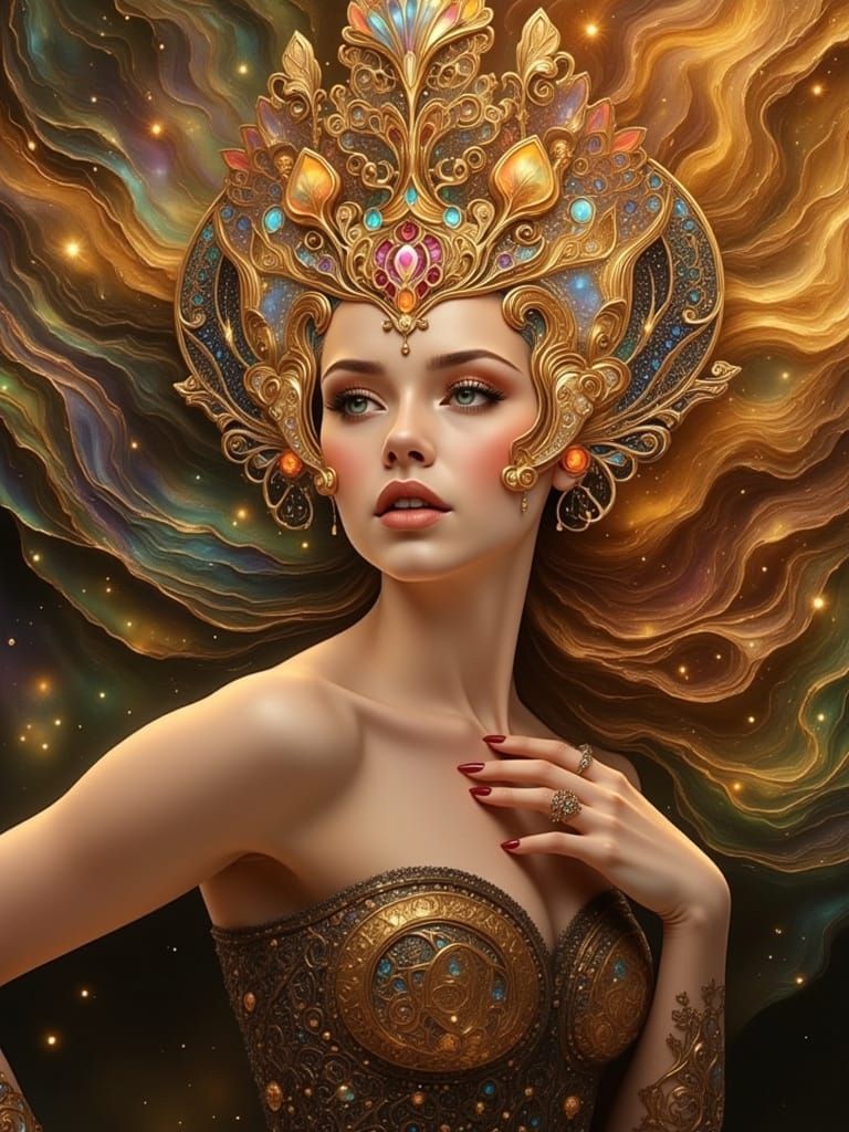 Golden Armored Woman in Retrofuturistic Aurora