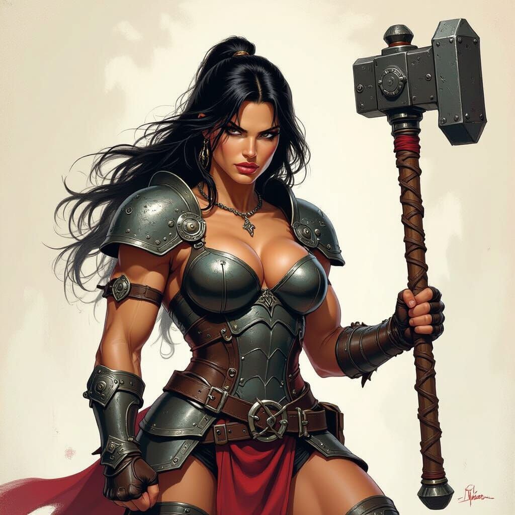 Powerful Armored Woman with Mace: Fantasy Art