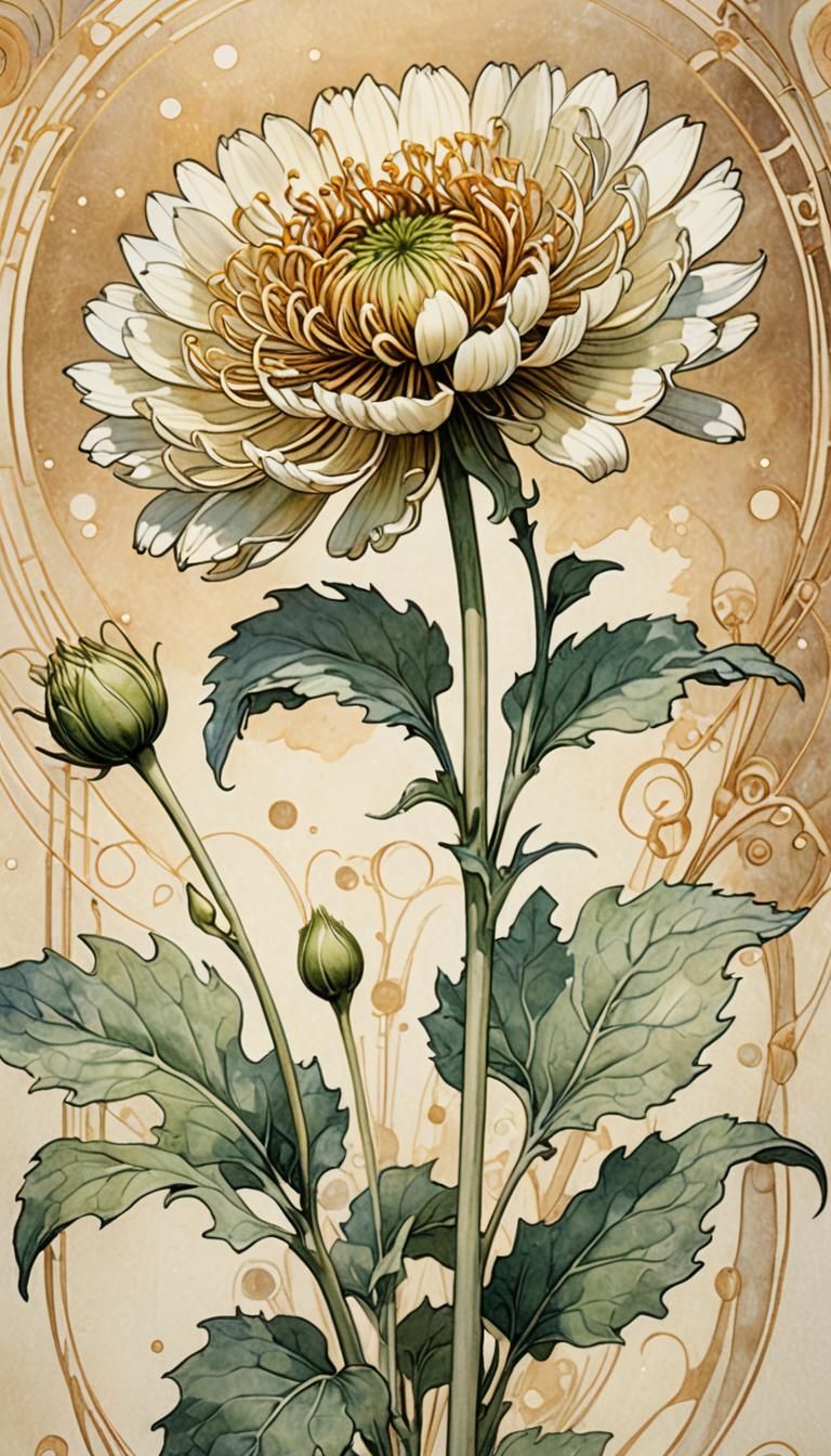 Chrysanthemum Bud in Art Nouveau Watercolor Style
