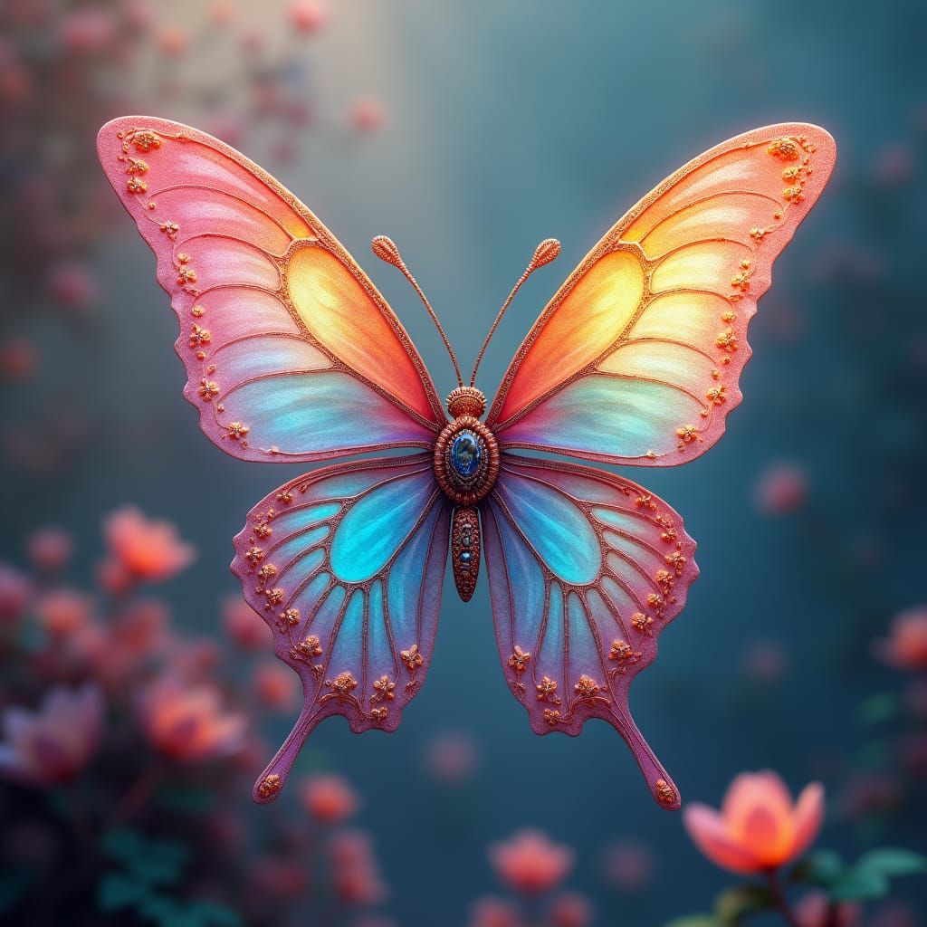 Iridescent Rainbow Butterfly in Matte Painting Style