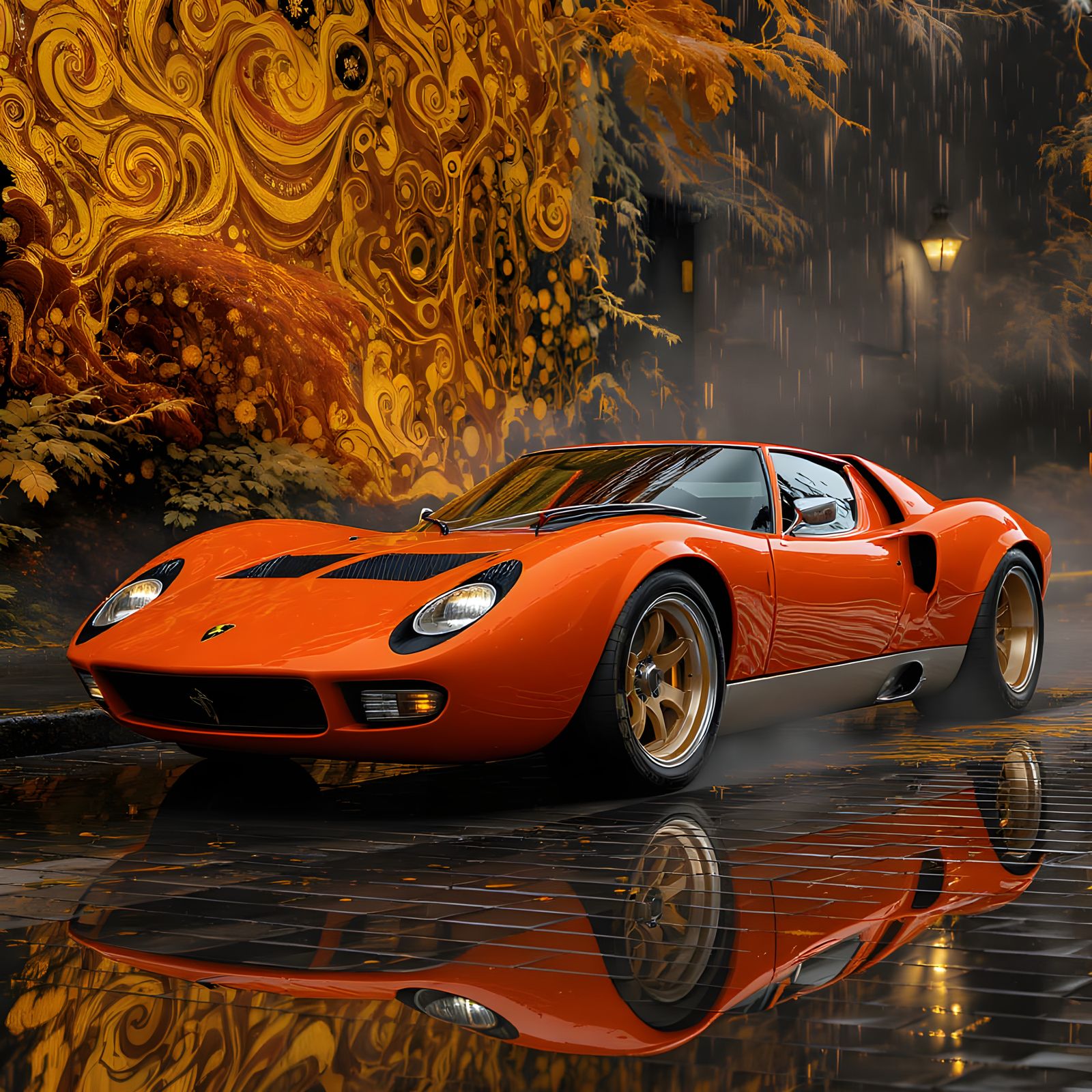 Lamborghini Miura on Wet Cobblestone, Klimt Style
