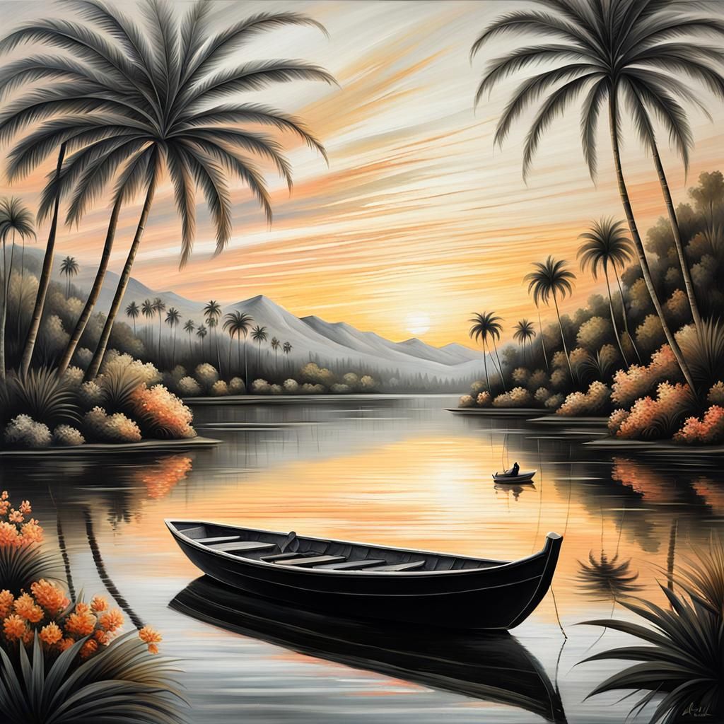 Baroque Reservoir Sunset with Boat