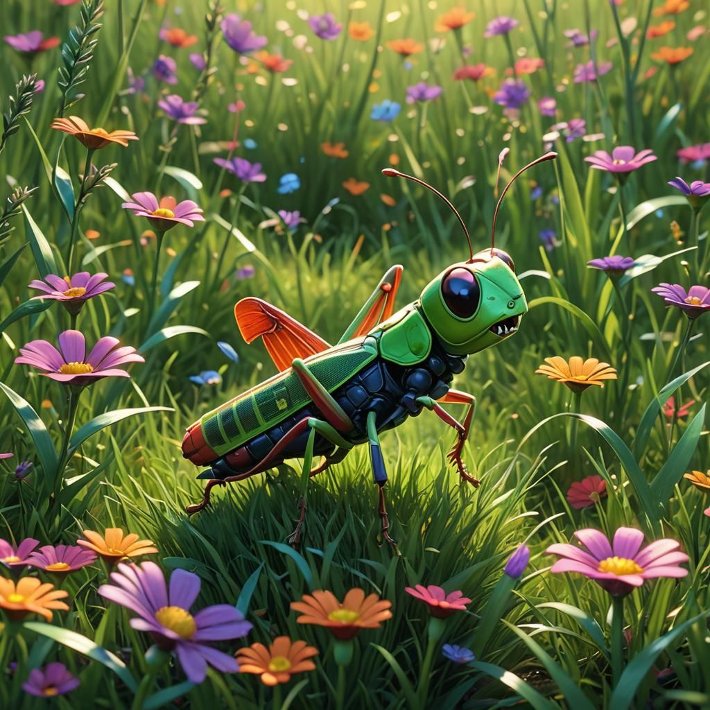 Cute Grasshopper Hopping in Vibrant Pixar Style Meadow