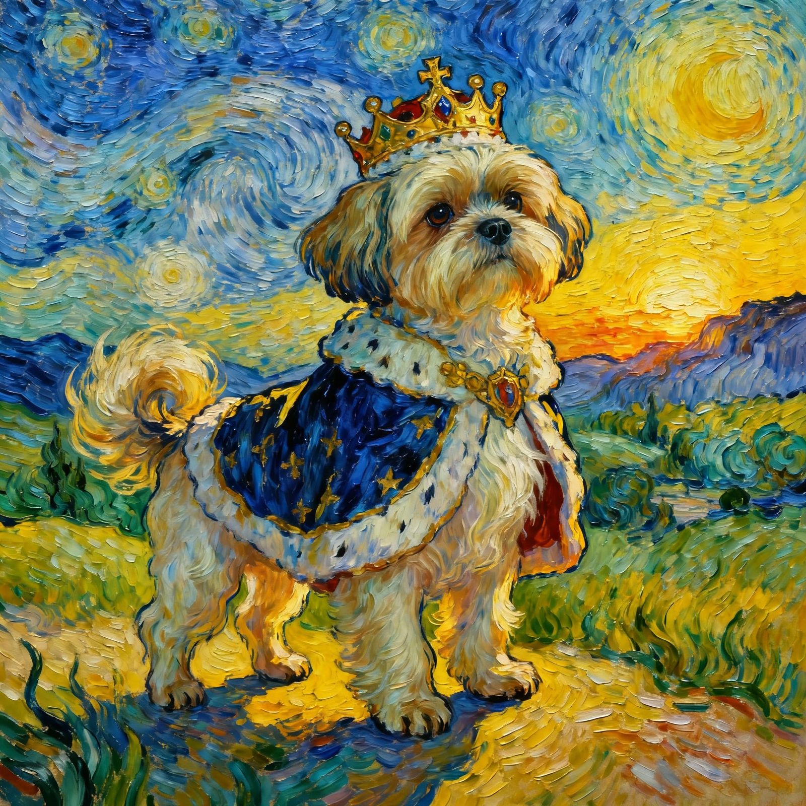 Whimsical King Malti-shih Tzu in Painterly Landscape