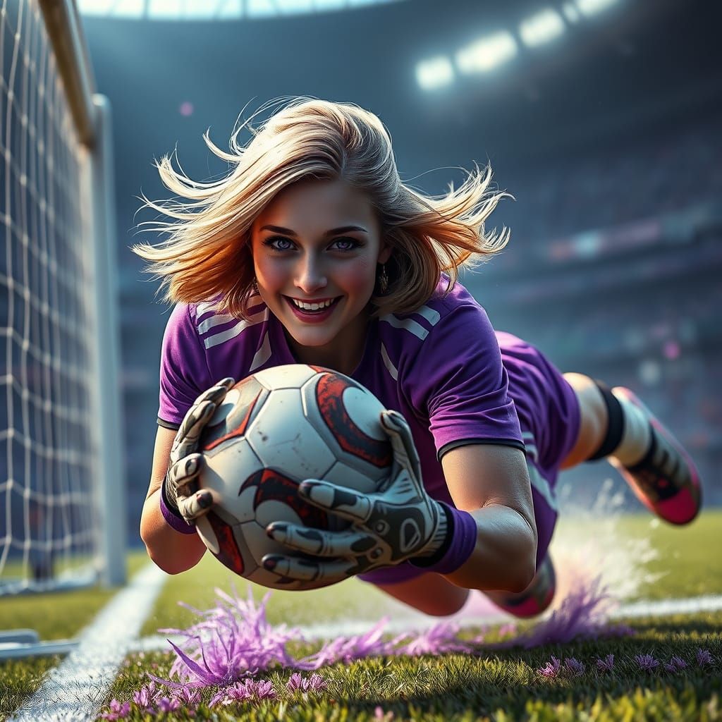 Soccer Goalie in Vibrant Purple Uniform Triumphantly Holds B...