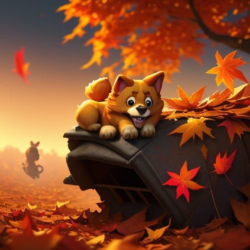Joyful Puppy Jumps into Autumn Leaves