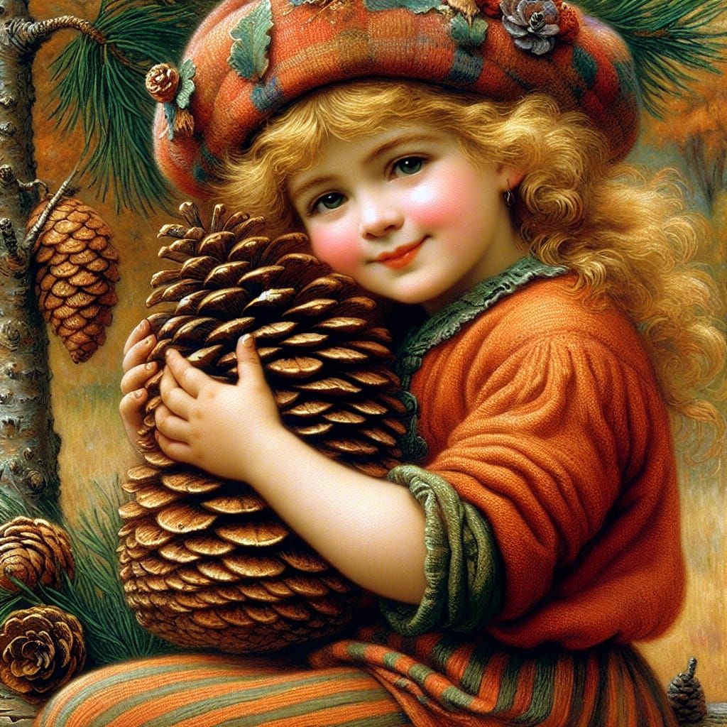 Charming Girl with Pine Cone in Impressionist Style