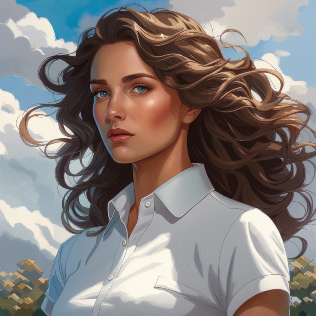 Brunette Woman Portrait with Blue Eyes, Hyperdetailed Art