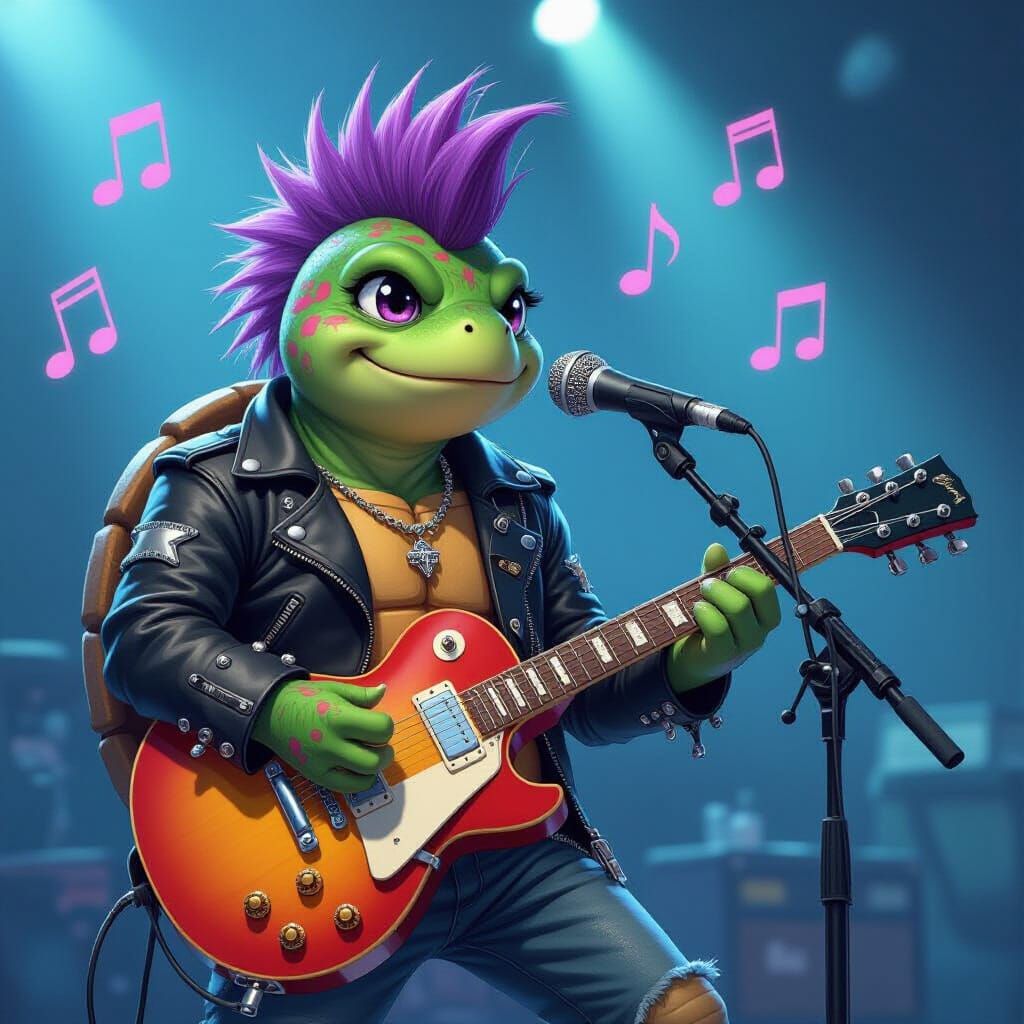 Anime Turtle Rockstar with Purple Mohawk