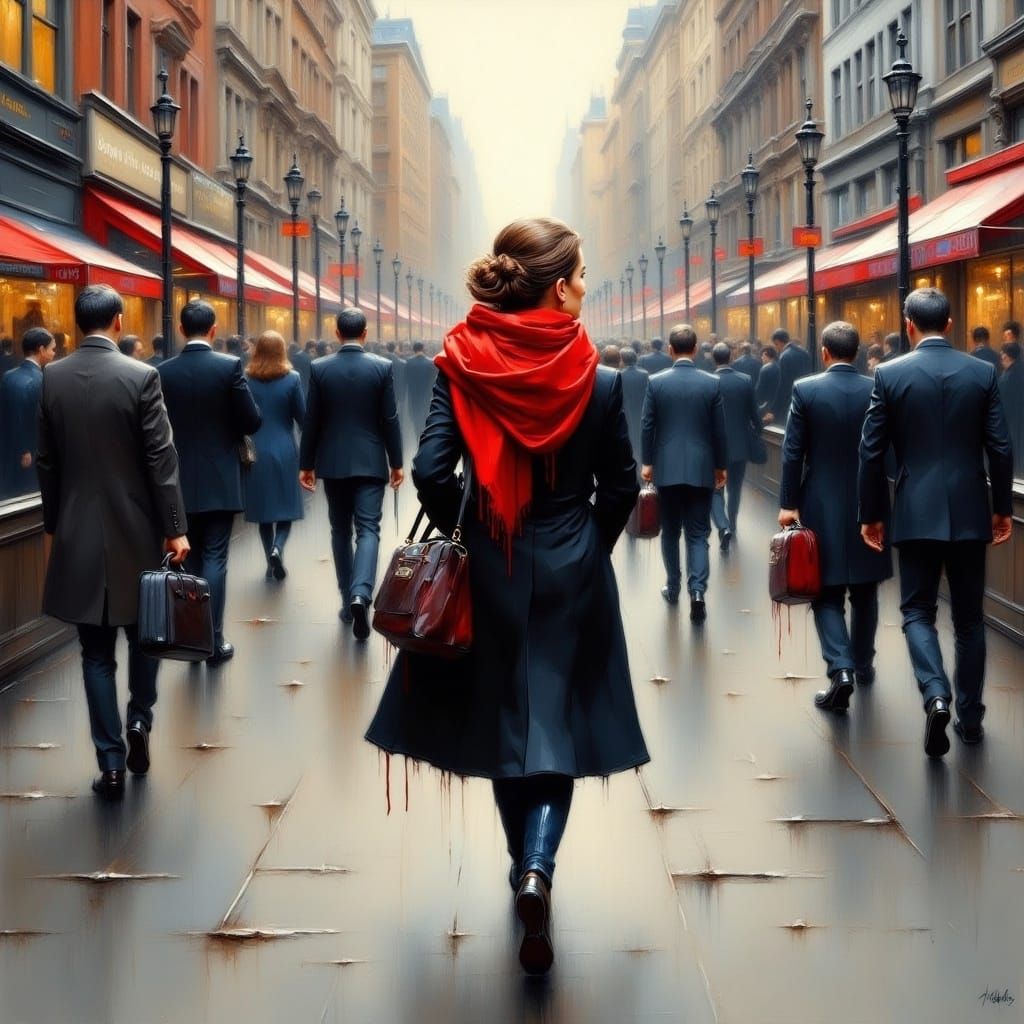 A Woman Walks Alone in a Bustling City