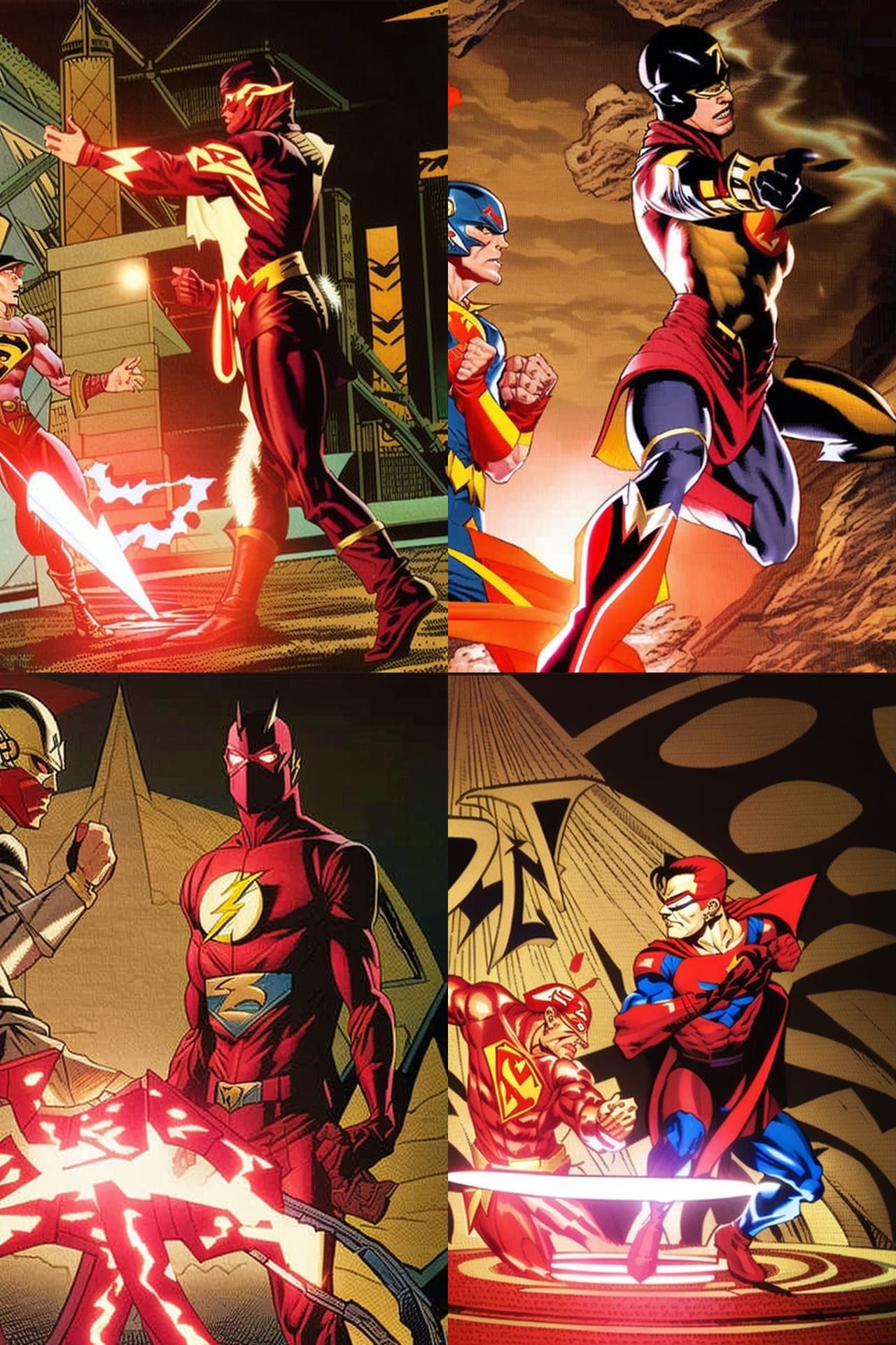 Dynamic comic strip depicting The Flash and Superman engaged in a poker game. Use the style of classic DC Comics, blende...