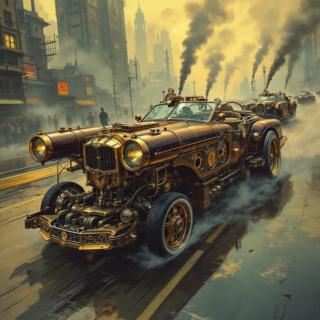 Surreal Steampunk Lowriders Glide Across Futuristic Cityscap...