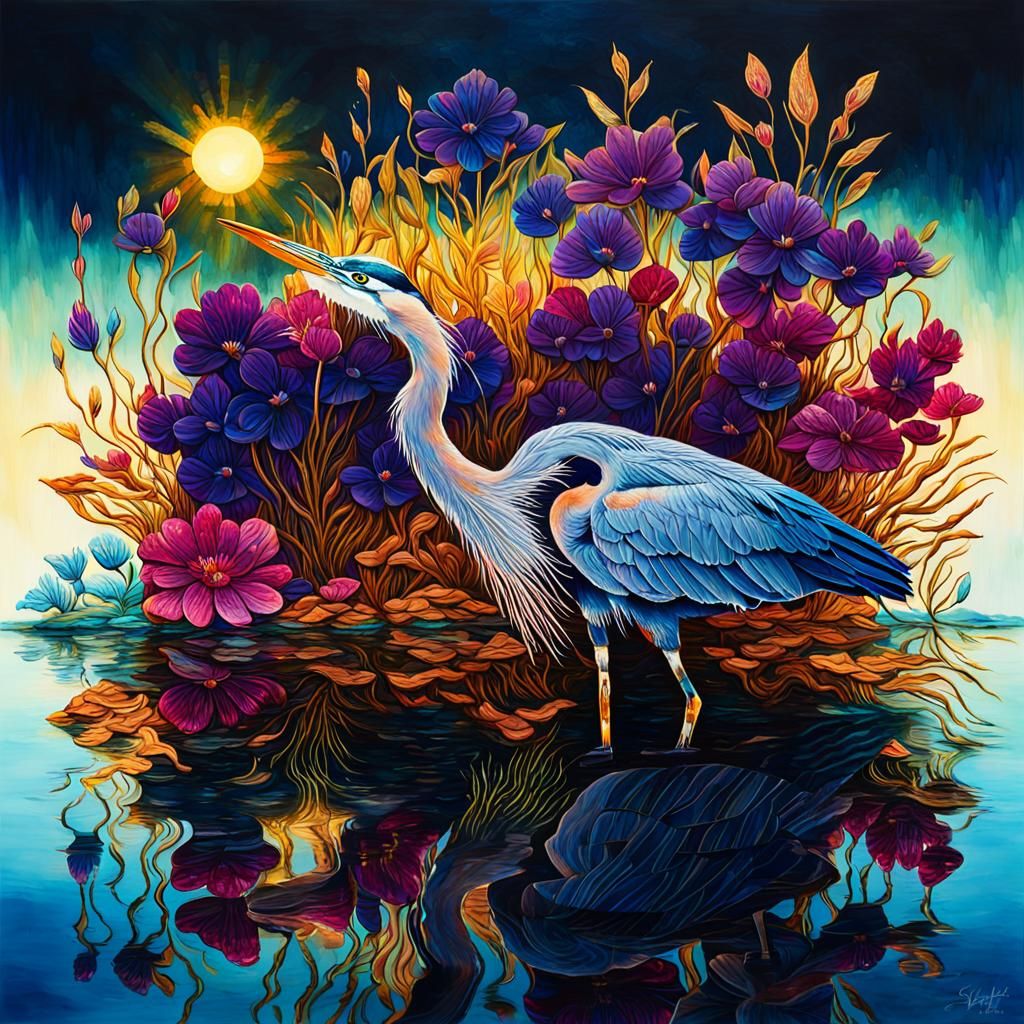 Bioluminescent Heron in Jewel-Toned Dark Fantasy Painting